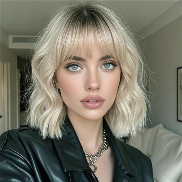 Blonde Wig with Bangs, Short Wavy Bob Wigs for Women - Picture 1 of 6